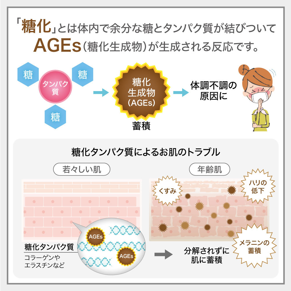 糖化とは体内で余分な糖とタンパク質が結びついてAGEs（糖化生成物）が生成される反応です